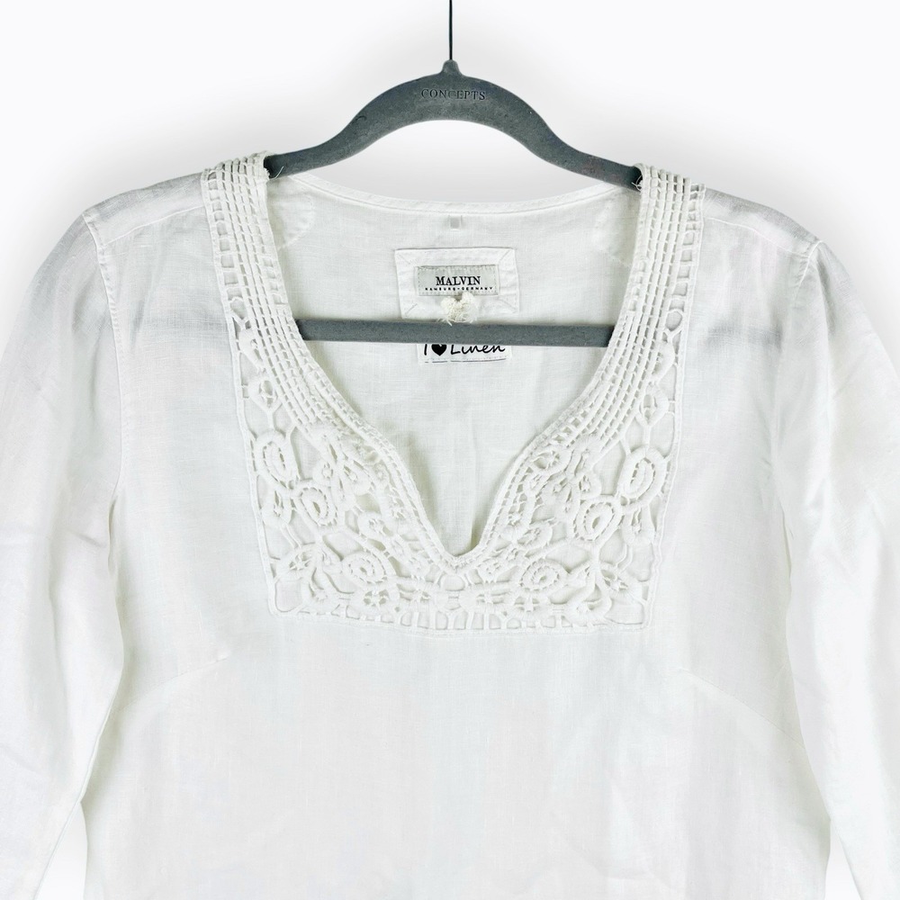 Malvin I 🖤 Linen White Tunic Medium US: 8 Top 3/4 Sleeve Blouse Beach Crochet - Picture 1 of 10